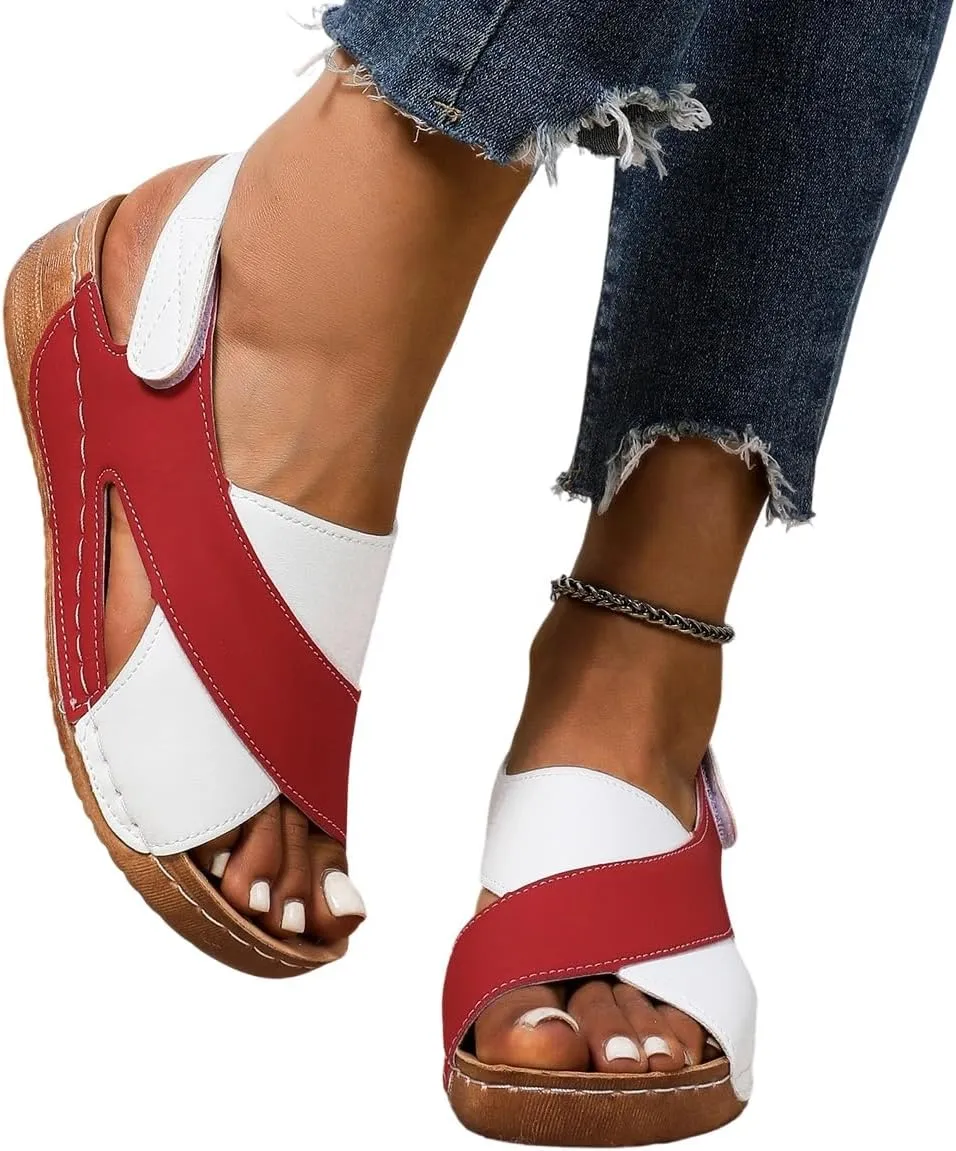 SACFOF Womens Orthopedic Sandals Summer Color Block Arch Support Shoes Casual Ankle Strap Slingback Comfortable Dress Shoes