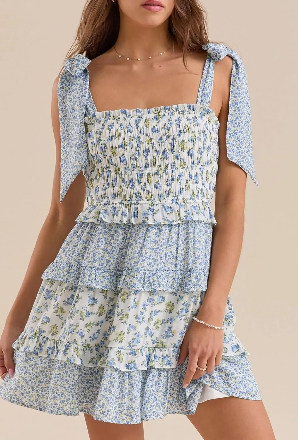 Sastianaen Womens Floral Print Mini Dress Summer Ruffle Smocked Tiered Tie Backless Preppy Smocked Short Dress Picnic Beach