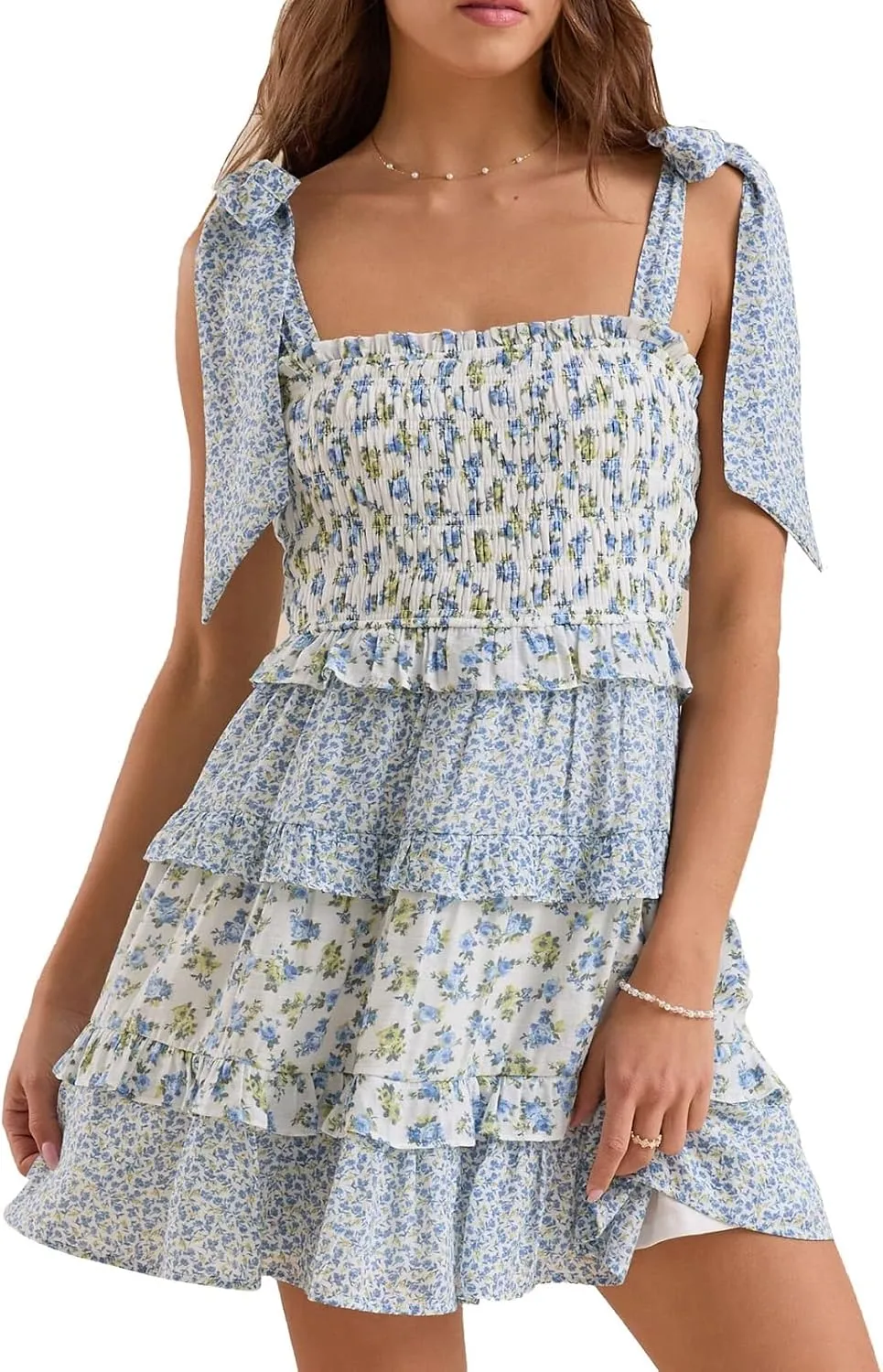 Sastianaen Womens Floral Print Mini Dress Summer Ruffle Smocked Tiered Tie Backless Preppy Smocked Short Dress Picnic Beach