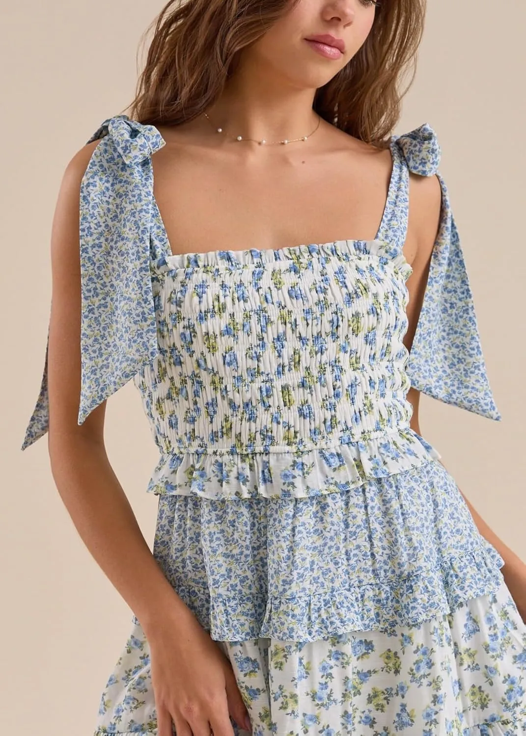 Sastianaen Womens Floral Print Mini Dress Summer Ruffle Smocked Tiered Tie Backless Preppy Smocked Short Dress Picnic Beach