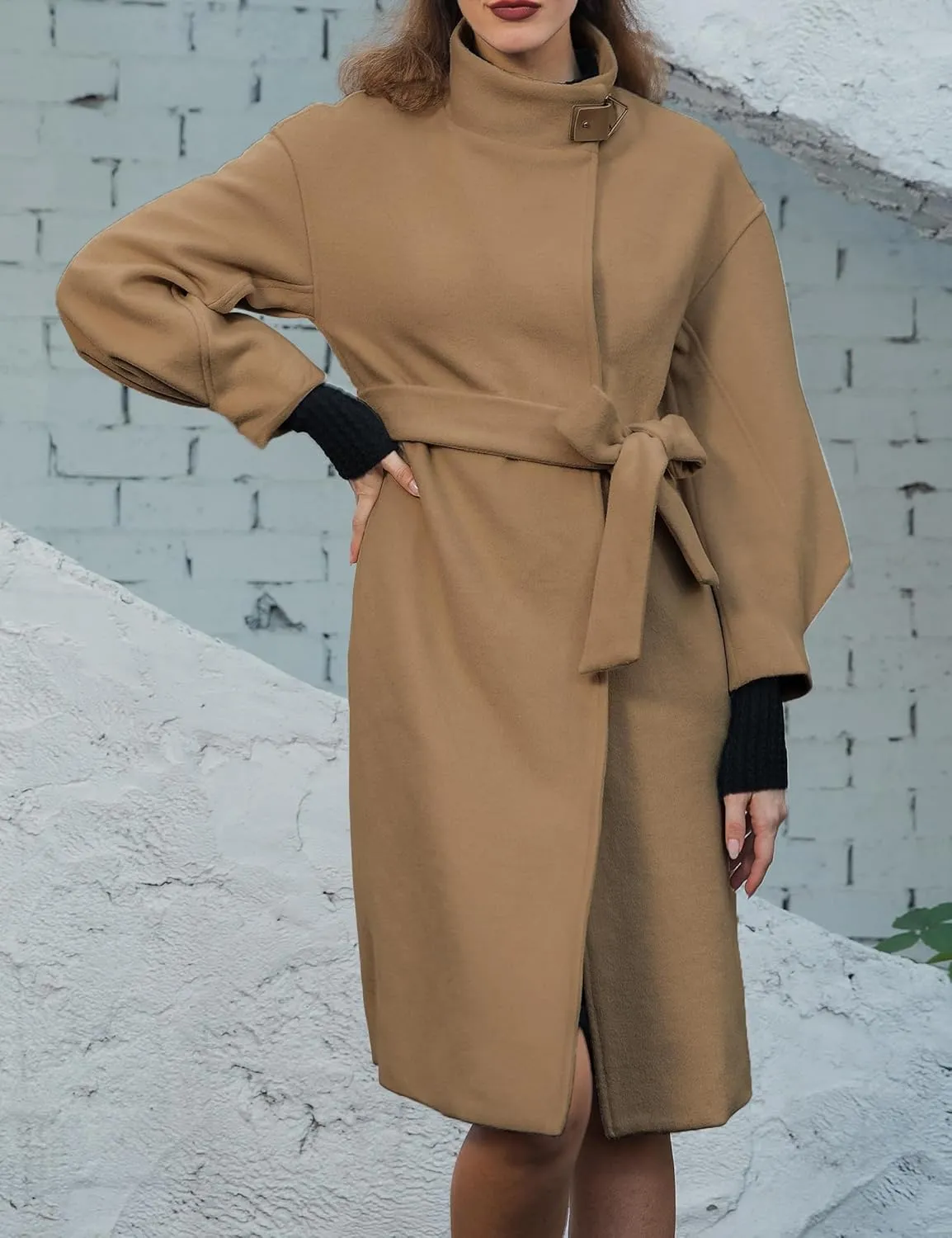 SDEER Women's Long Wool Coat H shaped High Collar Puff Sleeve Peacoat Belted Trench Coats with Pockets