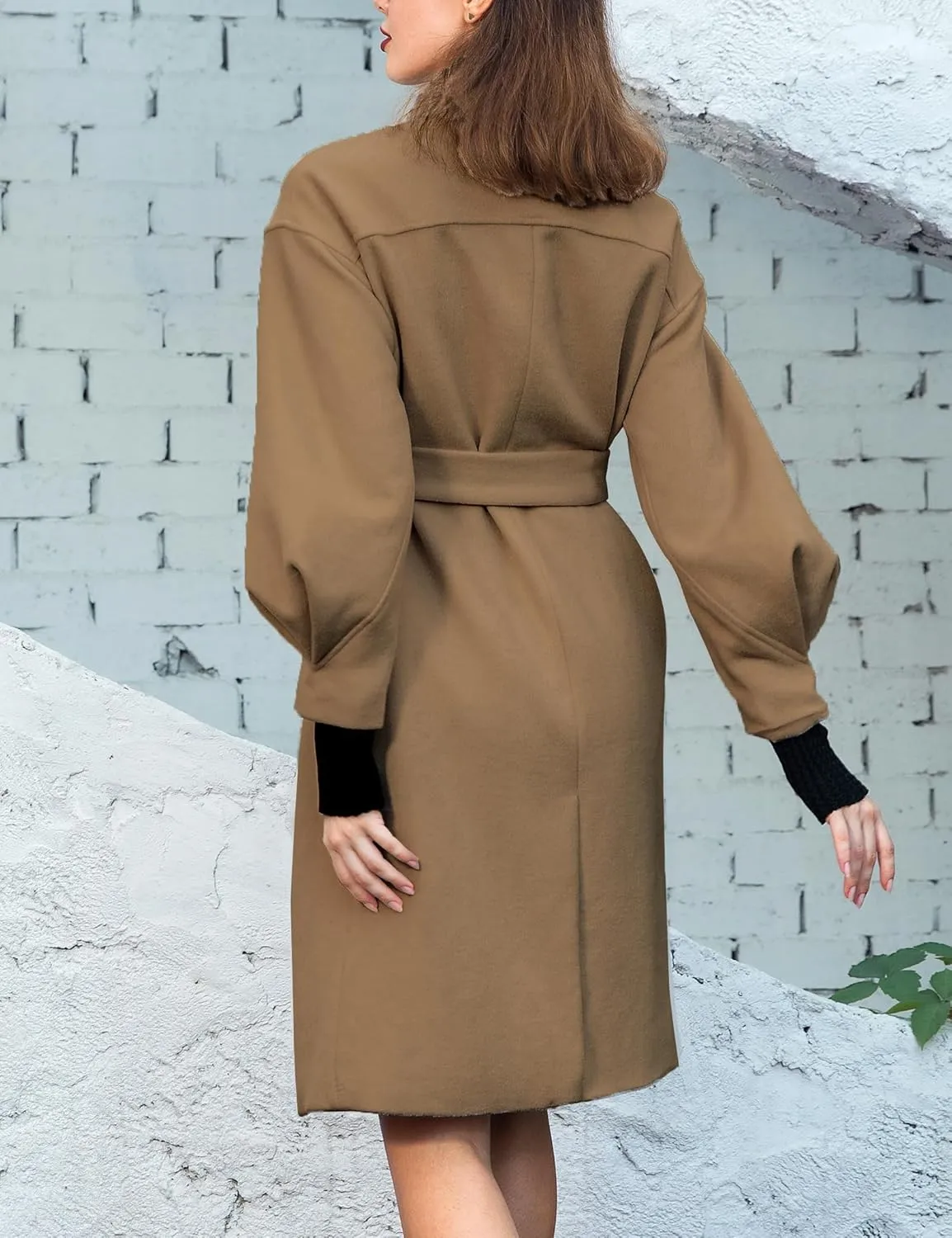SDEER Women's Long Wool Coat H shaped High Collar Puff Sleeve Peacoat Belted Trench Coats with Pockets