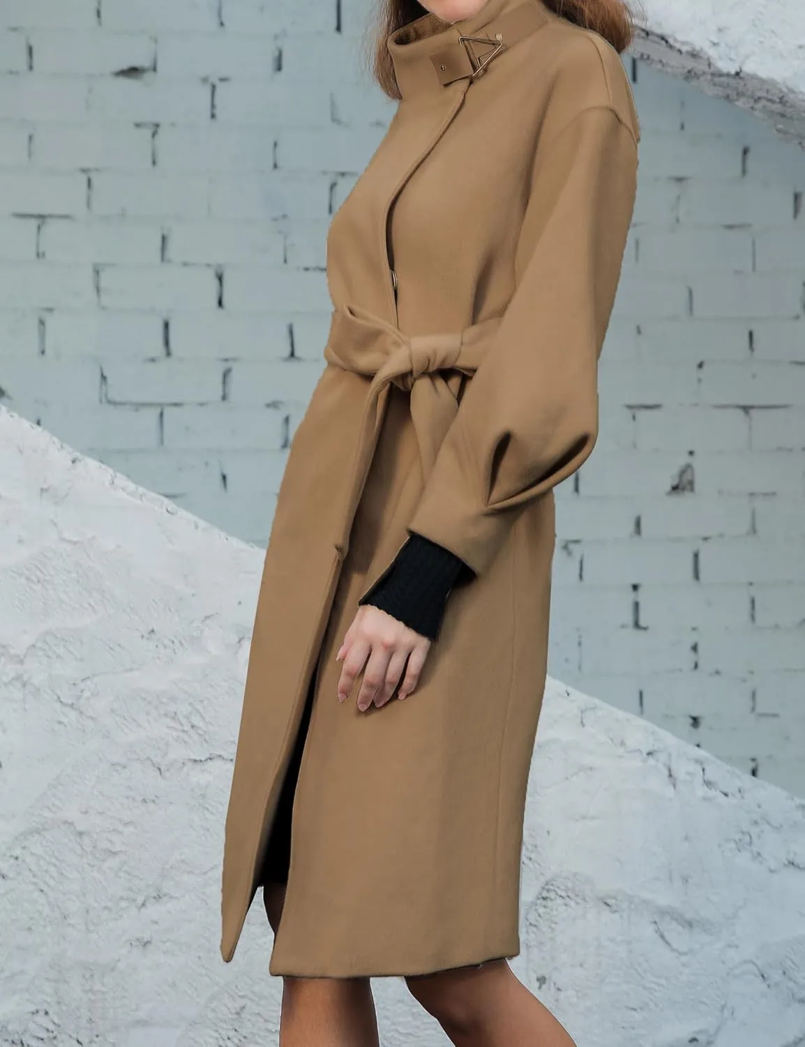 SDEER Women's Long Wool Coat H shaped High Collar Puff Sleeve Peacoat Belted Trench Coats with Pockets