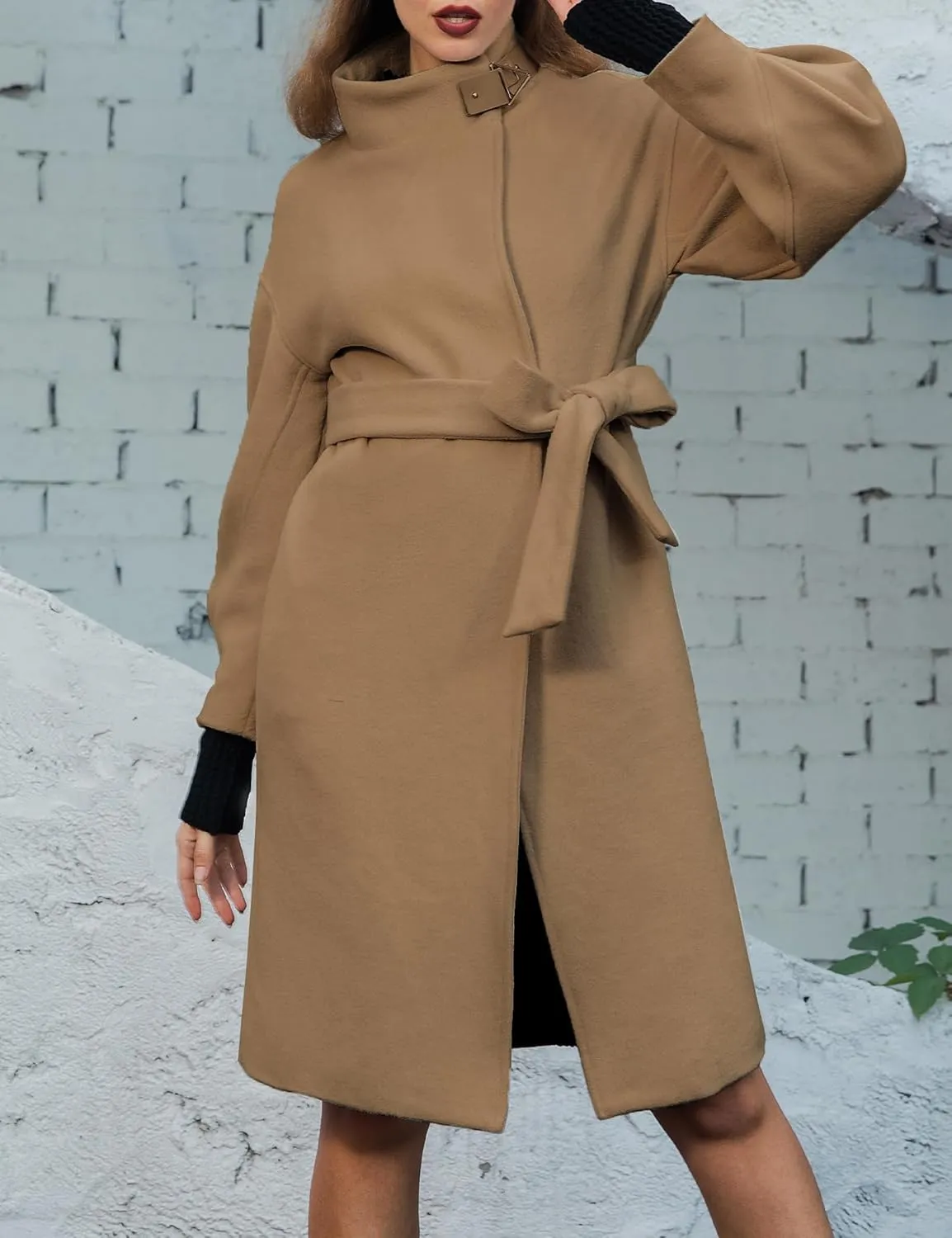 SDEER Women's Long Wool Coat H shaped High Collar Puff Sleeve Peacoat Belted Trench Coats with Pockets