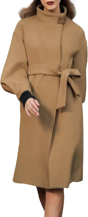 SDEER Women's Long Wool Coat H shaped High Collar Puff Sleeve Peacoat Belted Trench Coats with Pockets