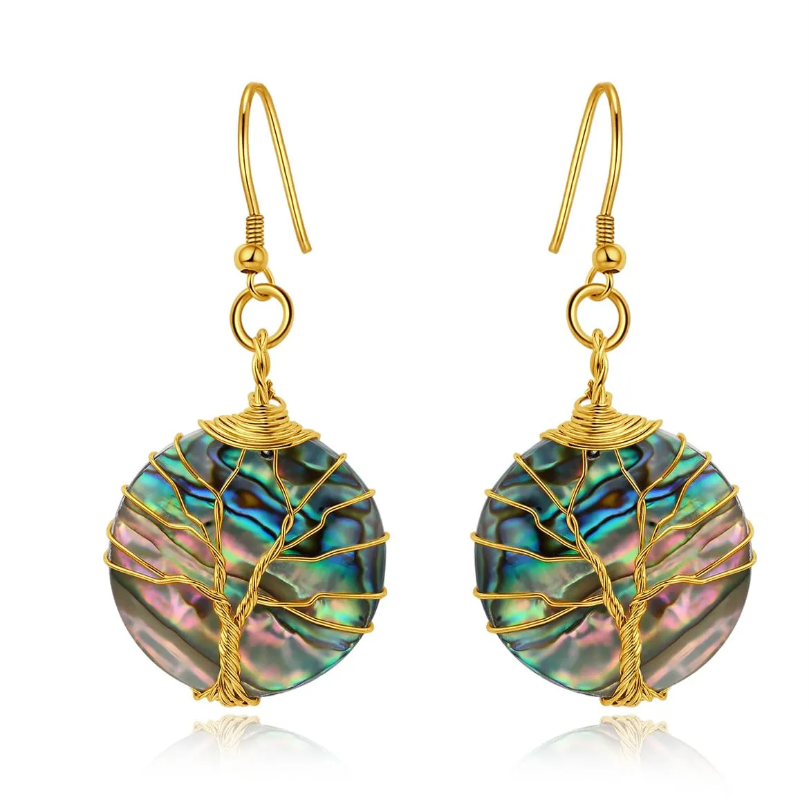Sea Abalone Shell Earrings Tree of Life Earrings Dangle Drop Earrings Handmade Earrings Jewelry Gift for Mom Lover Her (925 Silver with Gold Plated)