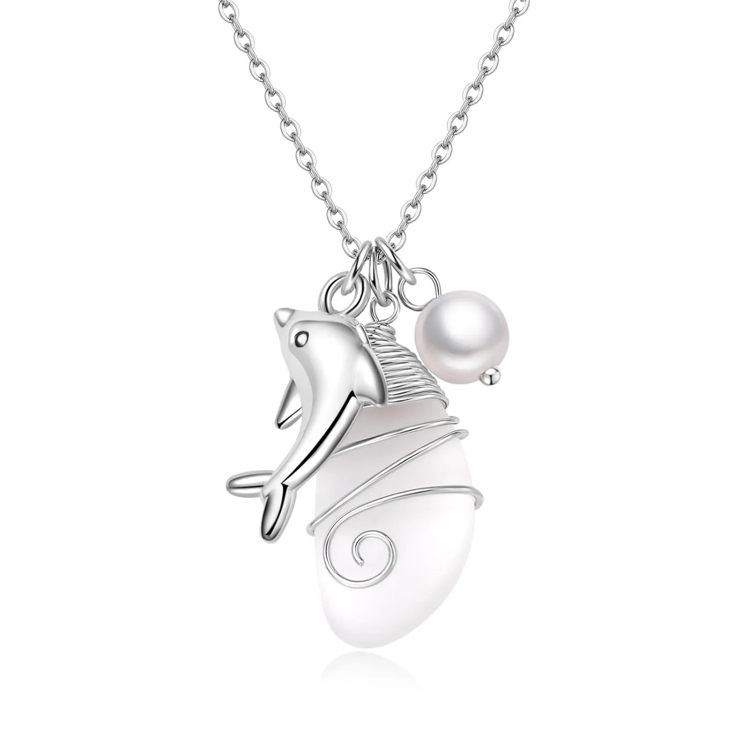 Sea Glass Necklace, Beach Necklaces for Women, Freshwater Pearls Necklace, Sea Glass Jewelry, Handmade Necklaces Gift for Women Girls (White & Dolphin)