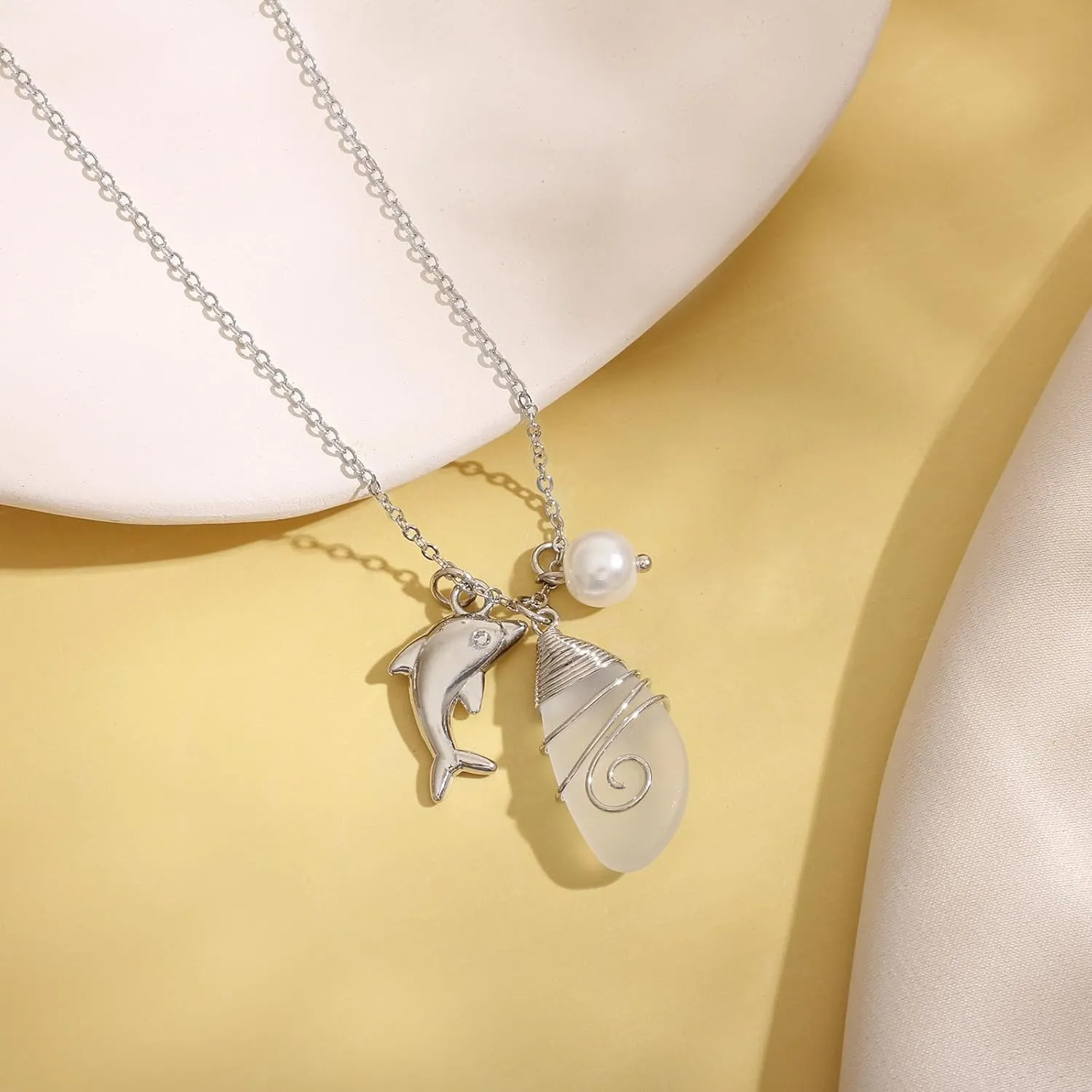 Sea Glass Necklace, Beach Necklaces for Women, Freshwater Pearls Necklace, Sea Glass Jewelry, Handmade Necklaces Gift for Women Girls (White & Dolphin)