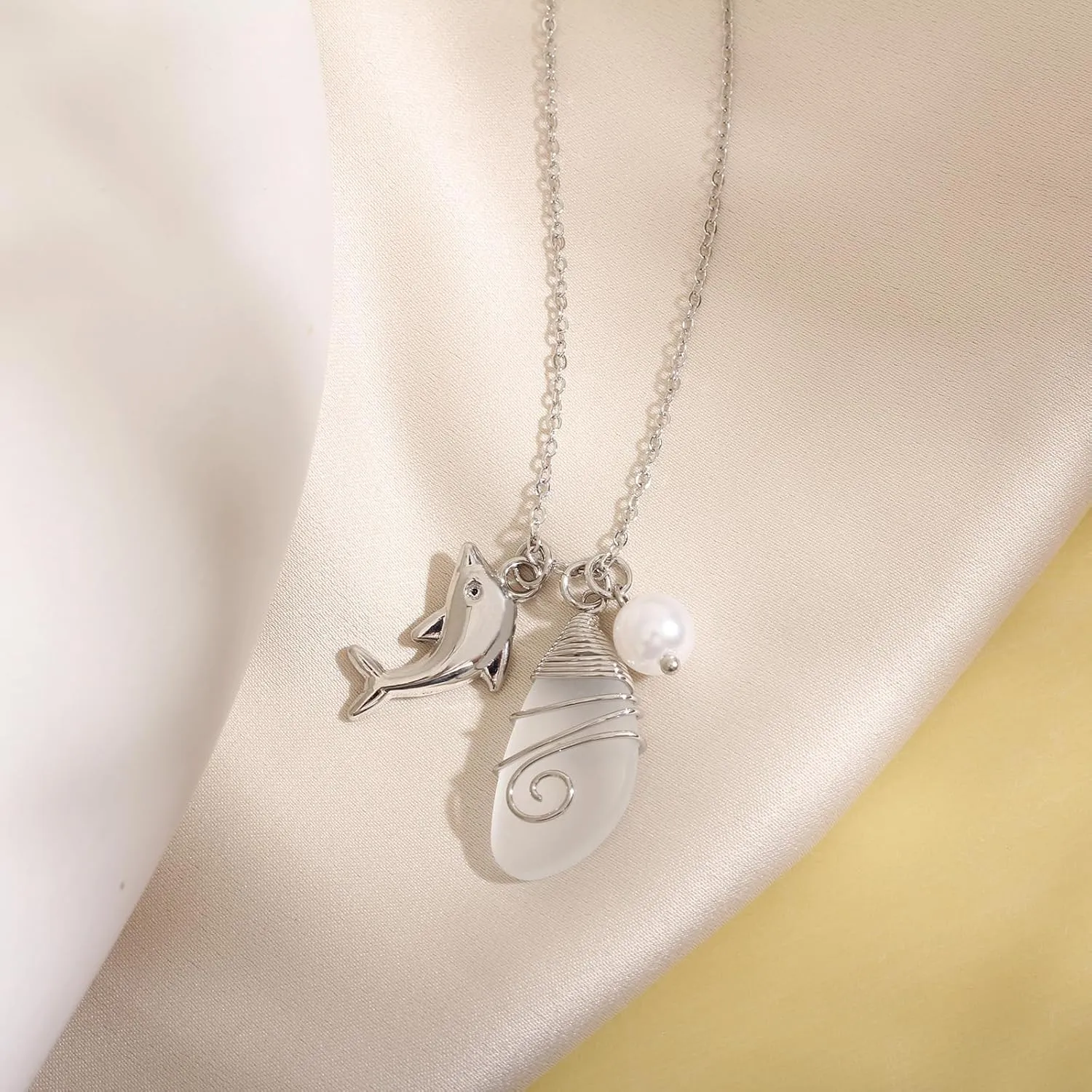 Sea Glass Necklace, Beach Necklaces for Women, Freshwater Pearls Necklace, Sea Glass Jewelry, Handmade Necklaces Gift for Women Girls (White & Dolphin)