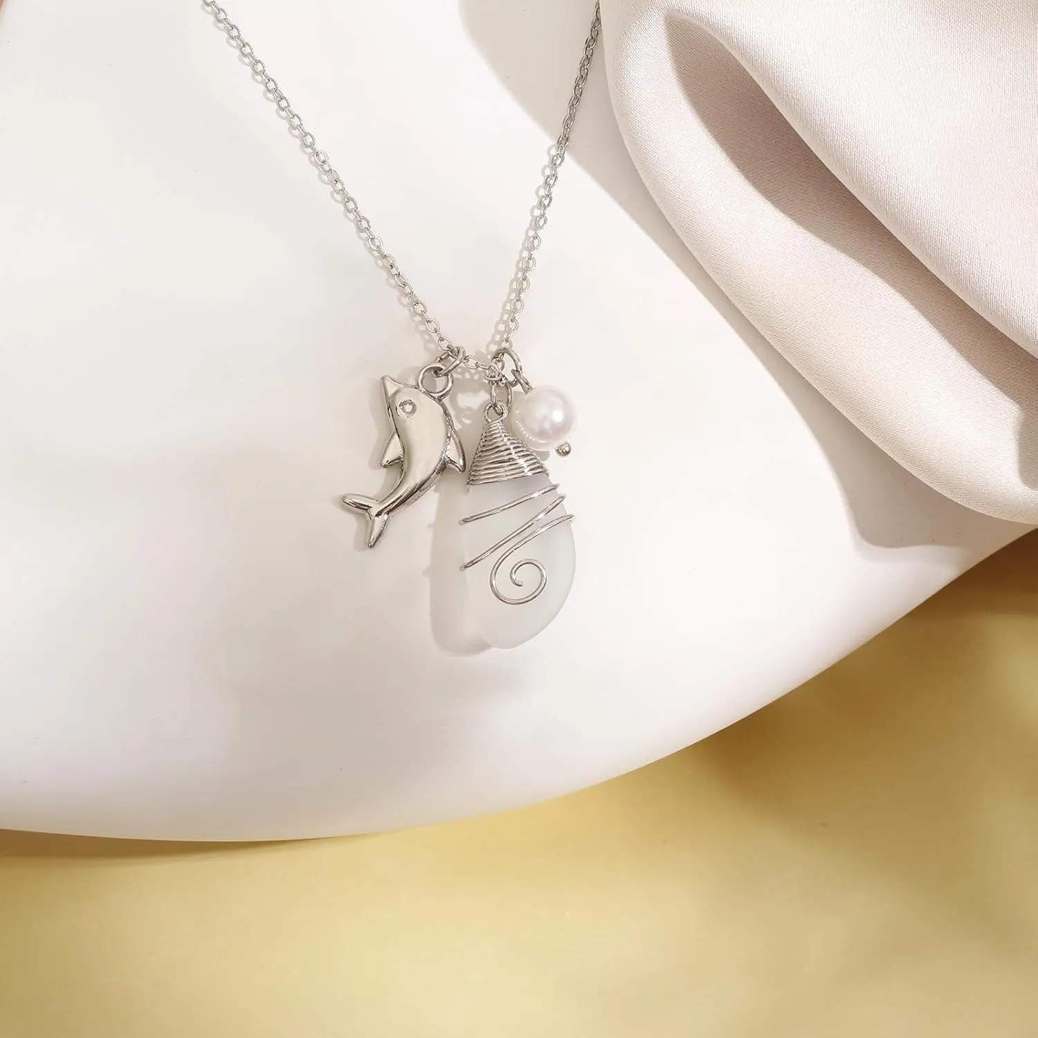Sea Glass Necklace, Beach Necklaces for Women, Freshwater Pearls Necklace, Sea Glass Jewelry, Handmade Necklaces Gift for Women Girls (White & Dolphin)