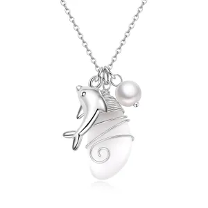 Sea Glass Necklace, Beach Necklaces for Women, Freshwater Pearls Necklace, Sea Glass Jewelry, Handmade Necklaces Gift for Women Girls (White & Dolphin)