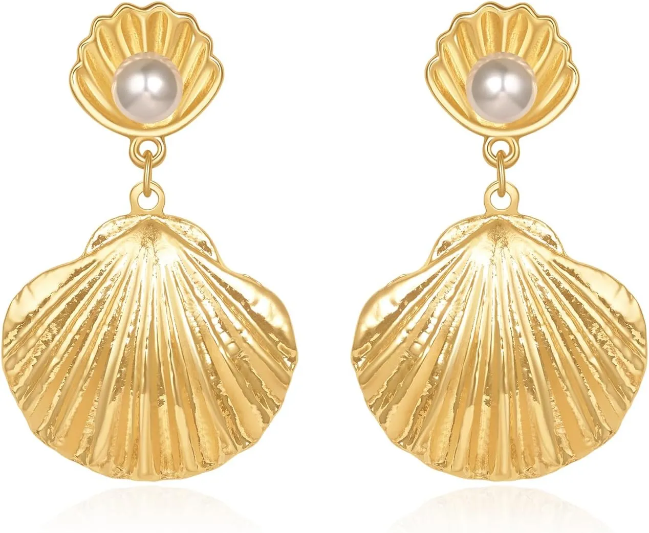 Seashell Earrings for Women - Gold Plated Stud Earrings Summer Boho Jewelry Beach Pearl Earrings (Double Shell)