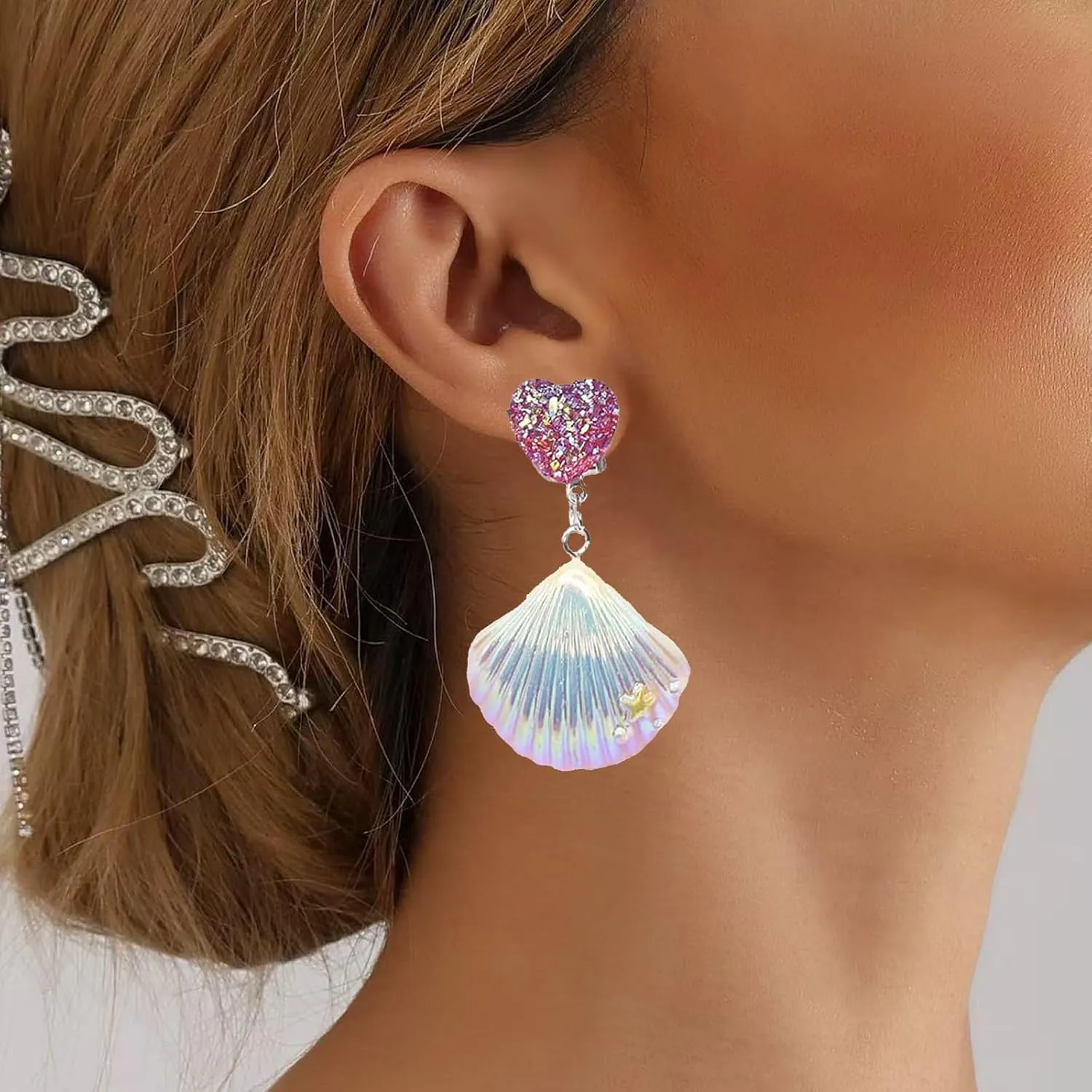 Seashell Mermaid Earrings Shell Clip on Earrings for Women Hawaii Beach Seashell Earring Summer Beach Vacation Outfits for Women Trendy Party Jewelry Accessories