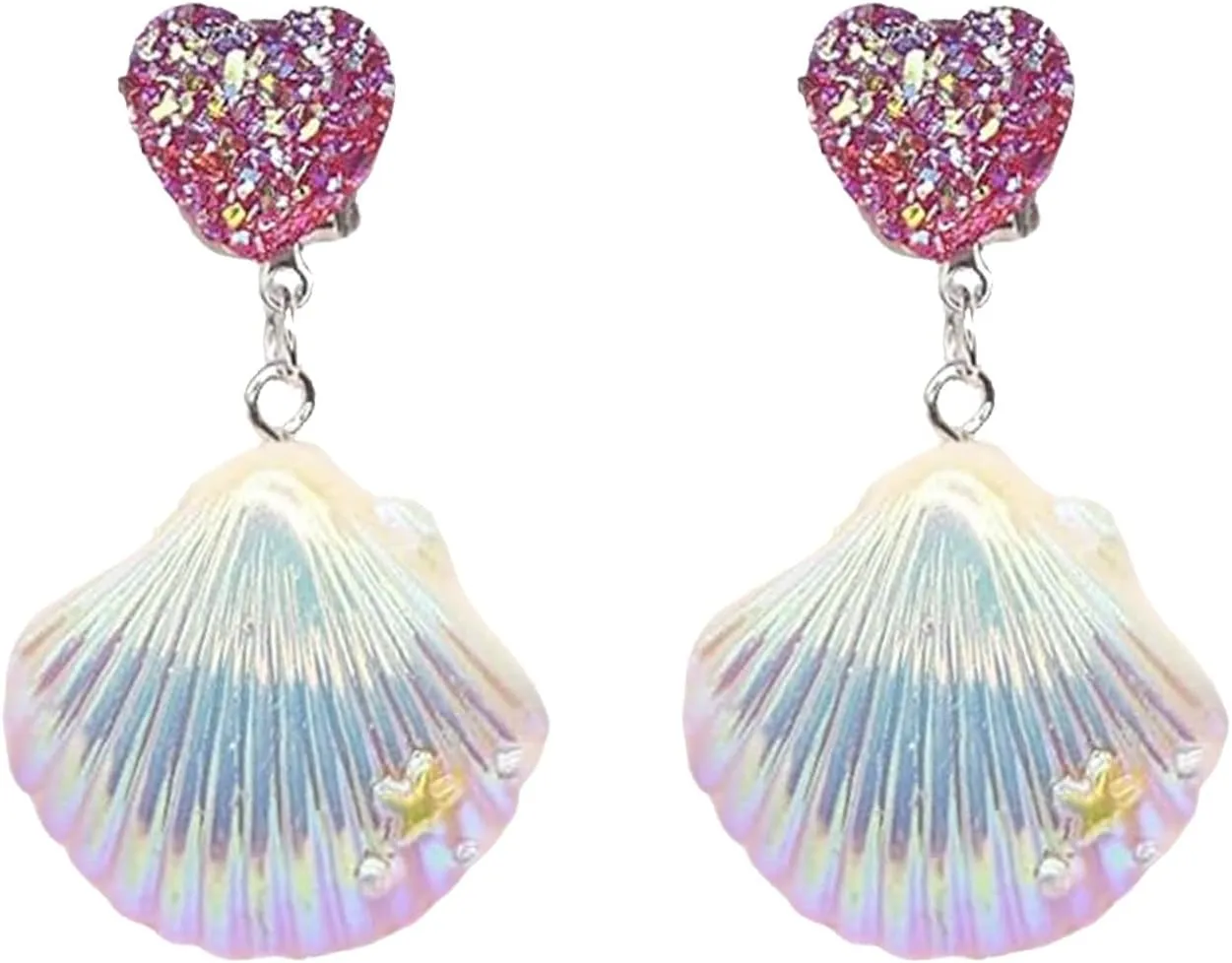 Seashell Mermaid Earrings Shell Clip on Earrings for Women Hawaii Beach Seashell Earring Summer Beach Vacation Outfits for Women Trendy Party Jewelry Accessories