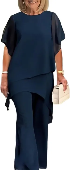 Semi Formal Two Piece Set for Women Summer Clothes Navy Layered Top Wide Leg Pants Lounge Outfits Office Suits