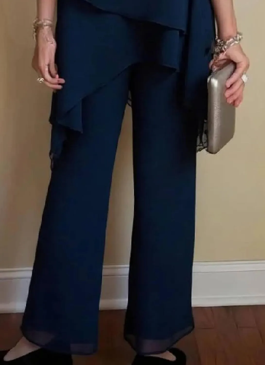 Semi Formal Two Piece Set for Women Summer Clothes Navy Layered Top Wide Leg Pants Lounge Outfits Office Suits