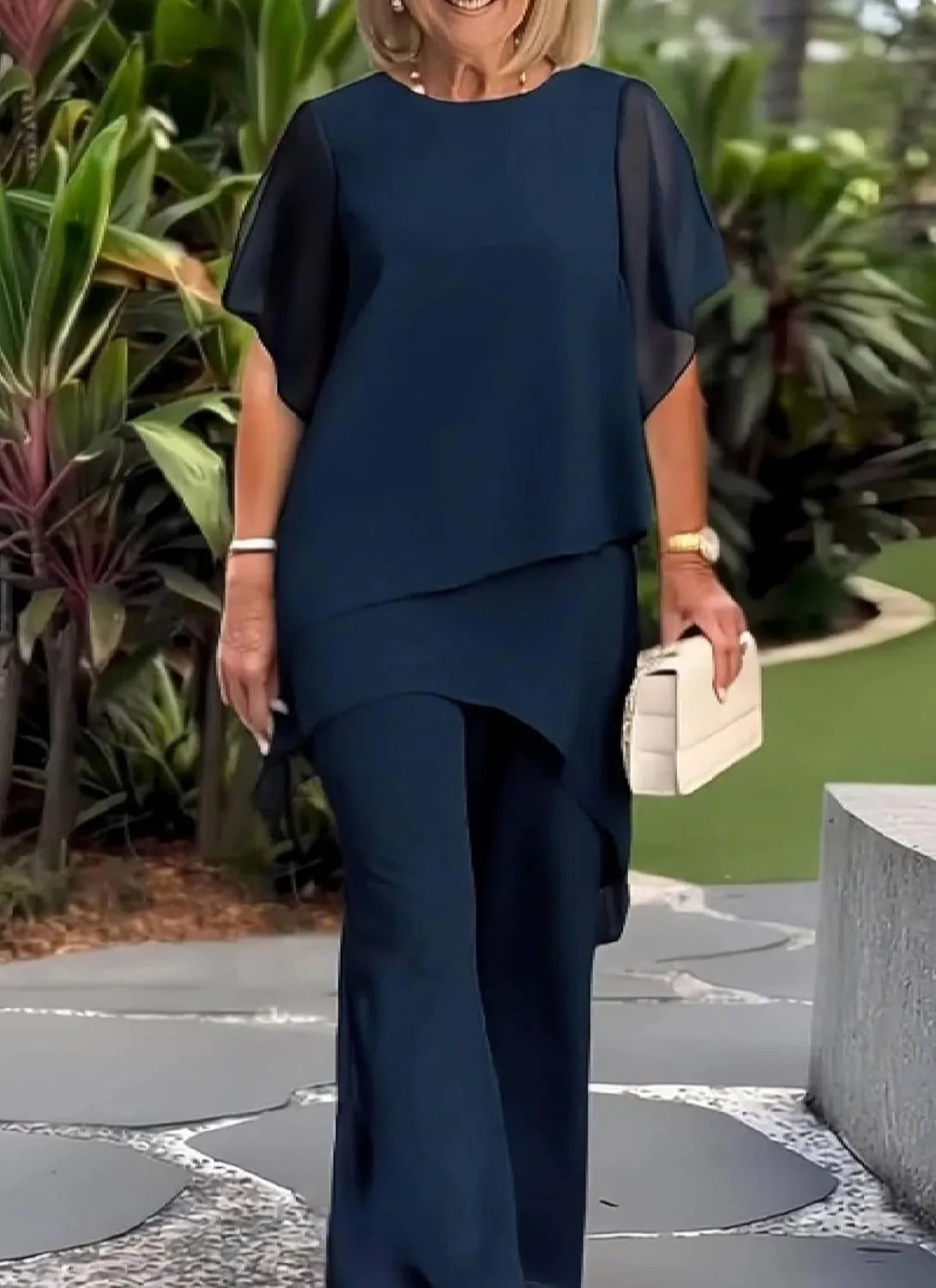 Semi Formal Two Piece Set for Women Summer Clothes Navy Layered Top Wide Leg Pants Lounge Outfits Office Suits