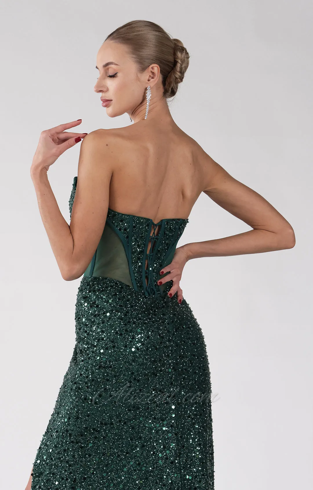 Sequin Strapless V-Neck Split Lace-up Bodice Dress