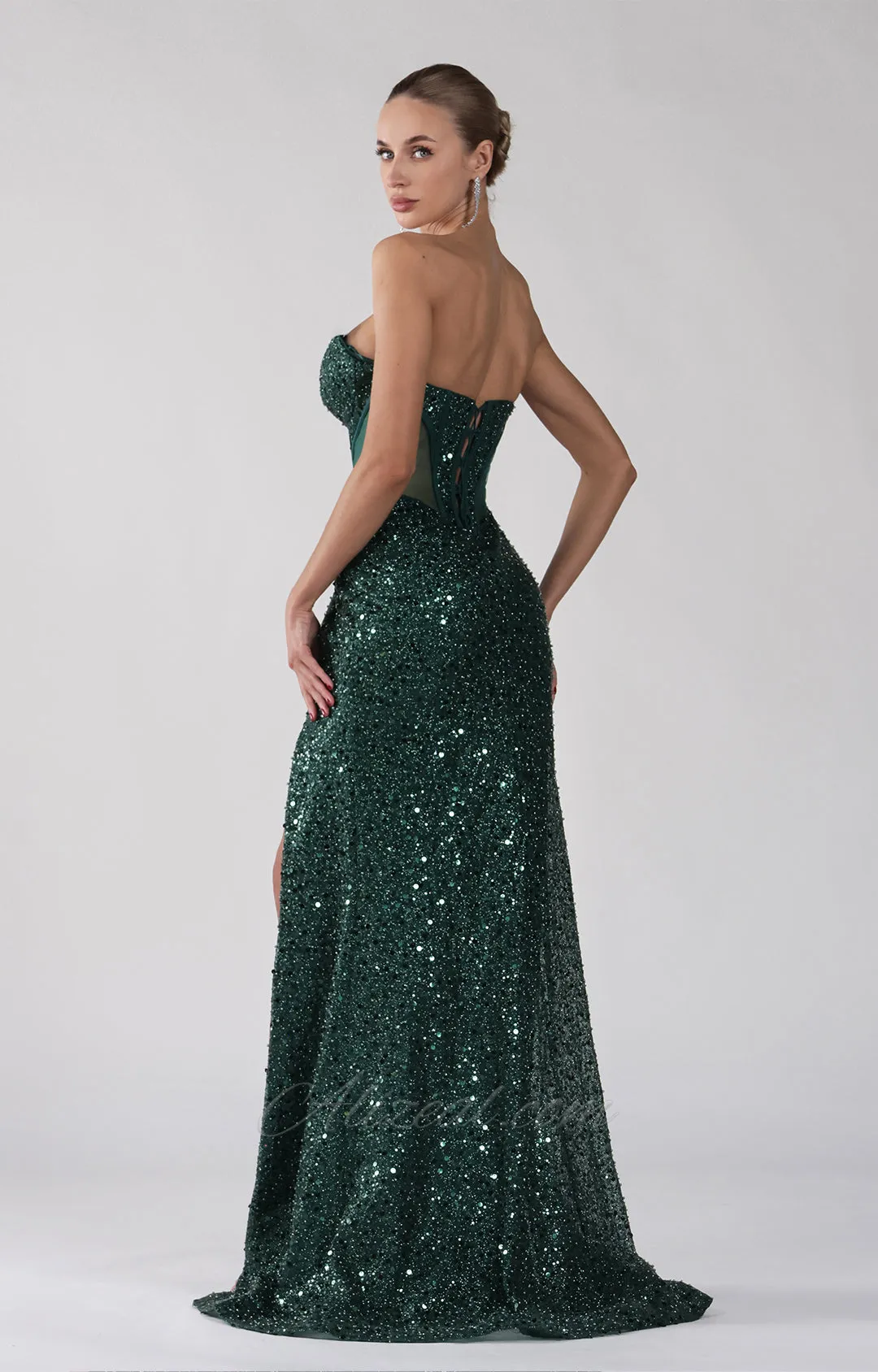 Sequin Strapless V-Neck Split Lace-up Bodice Dress