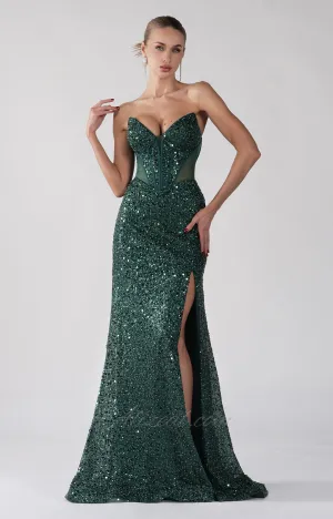 Sequin Strapless V-Neck Split Lace-up Bodice Dress