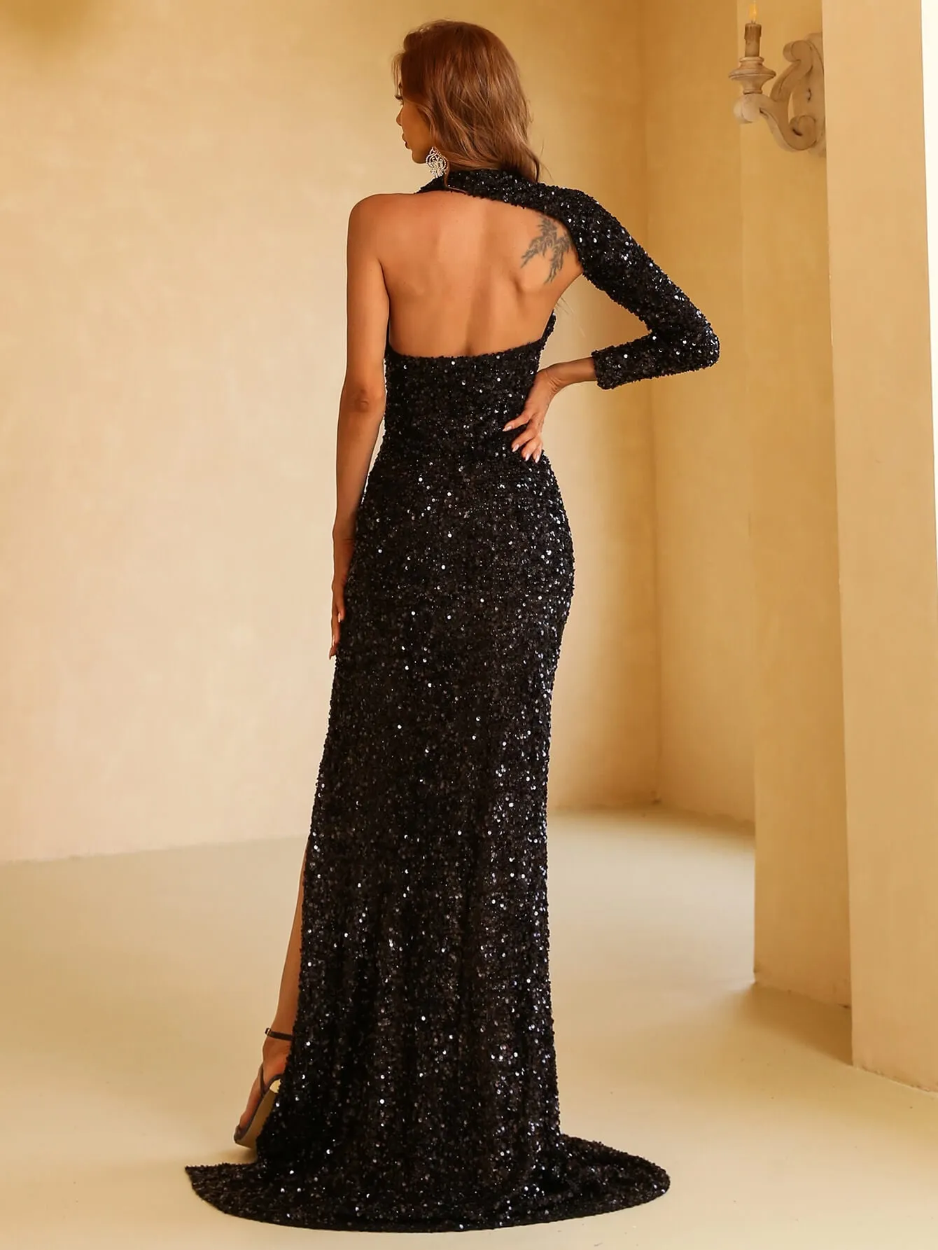 Sequined Asymmetrical Neck Split Train Dress