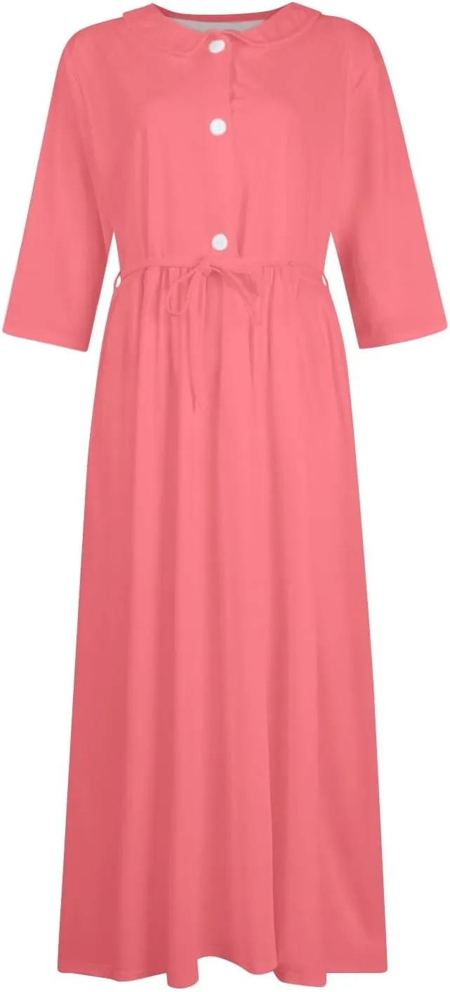 SERYU Womens Floral Summer Dress Boho 3/4 Sleeve Lapel Neck Button A-Line Lace-Up Sundress Vacation Beach Long Dresses