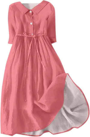 SERYU Womens Floral Summer Dress Boho 3/4 Sleeve Lapel Neck Button A-Line Lace-Up Sundress Vacation Beach Long Dresses