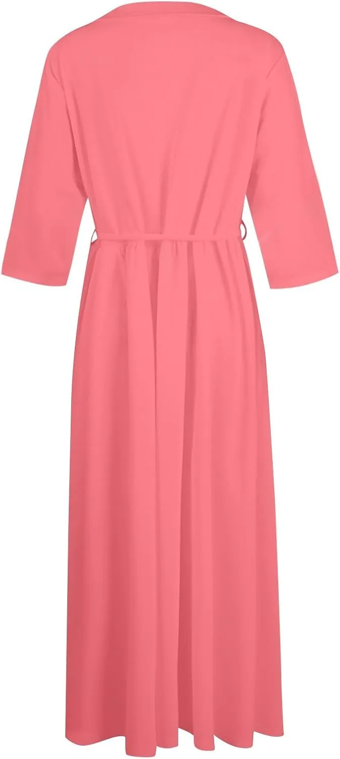 SERYU Womens Floral Summer Dress Boho 3/4 Sleeve Lapel Neck Button A-Line Lace-Up Sundress Vacation Beach Long Dresses