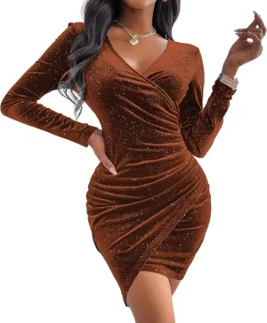 Sexyasasii Women's Mini Wrap Dress V Neck Long Sleeve Velvet Bodycon Glitter Ruched Cocktail Party Dresses