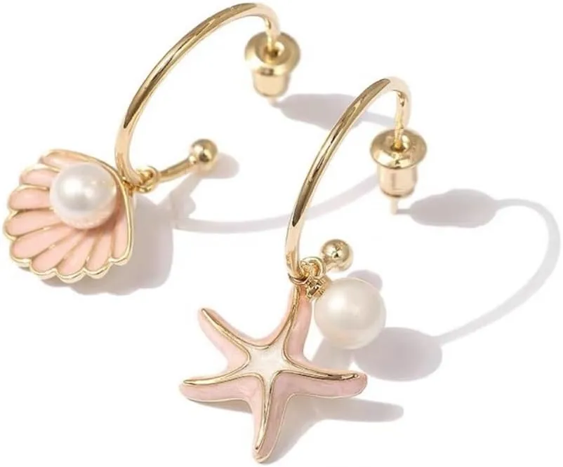 Shell Hoop Earrings Asymmetric Shell and Starfish Earrings Seashore Hoop Earrings Beach Jewelry for Women