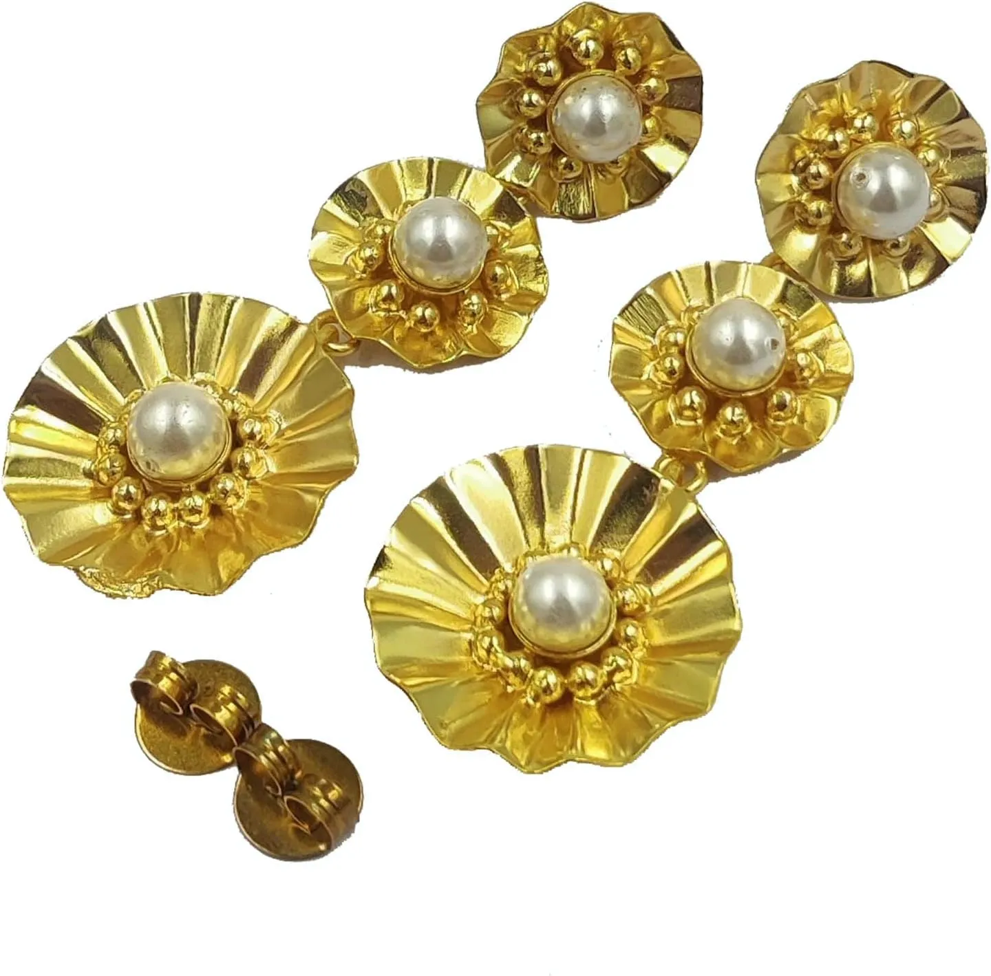 Shell Pearl Crinkle Flower Dangle Earrings, Real Gold Plated Designer Earrings, Party wear Earrings, Gift For Her