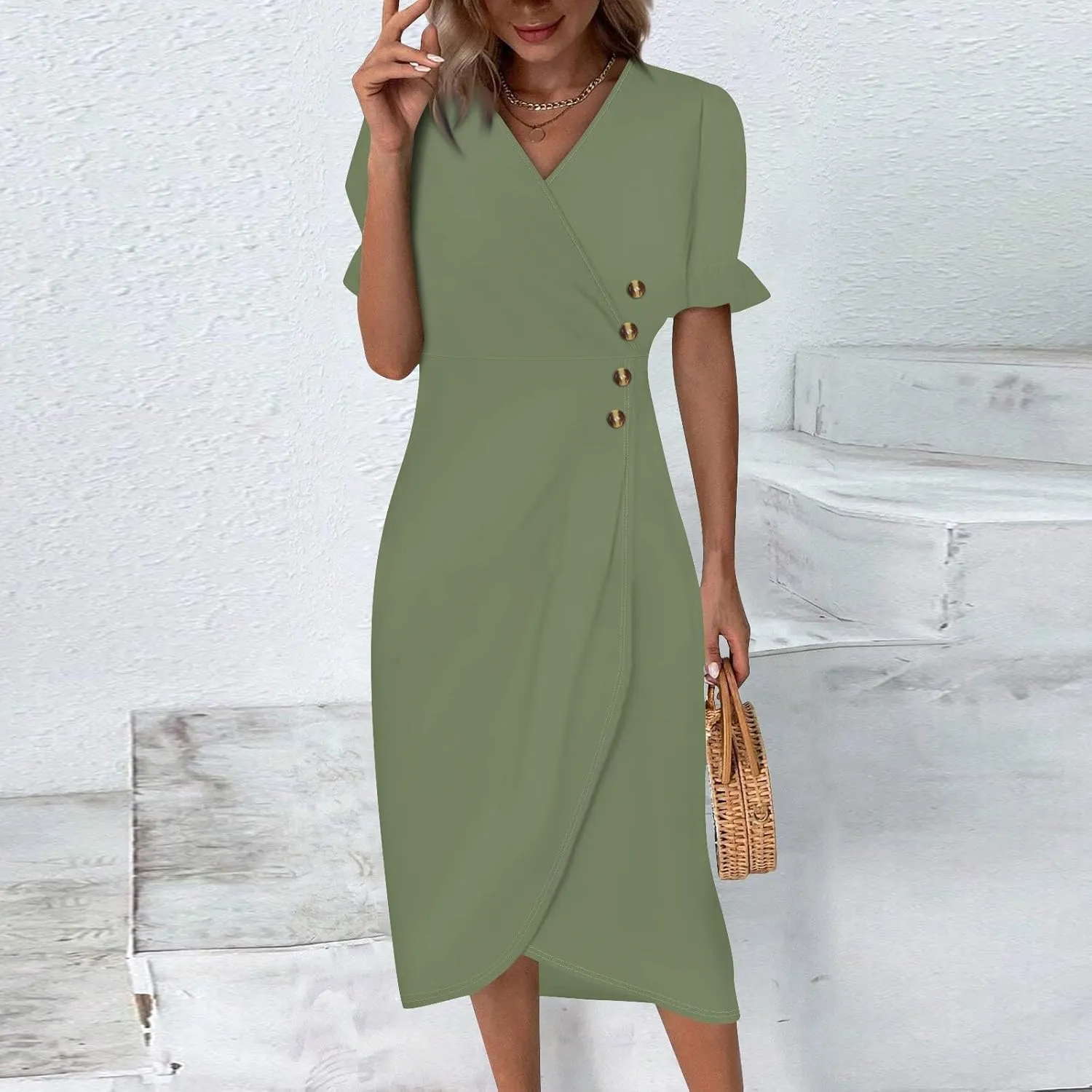 Shift Dresses for Women Faux Wrap Irregular Hem Boho Midi-Dress Elegant Summer 2025 Trendy