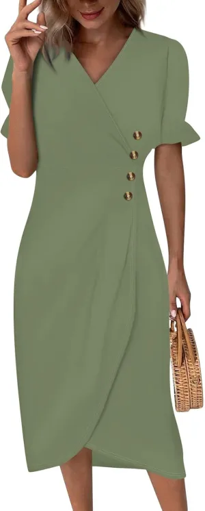 Shift Dresses for Women Faux Wrap Irregular Hem Boho Midi-Dress Elegant Summer 2025 Trendy
