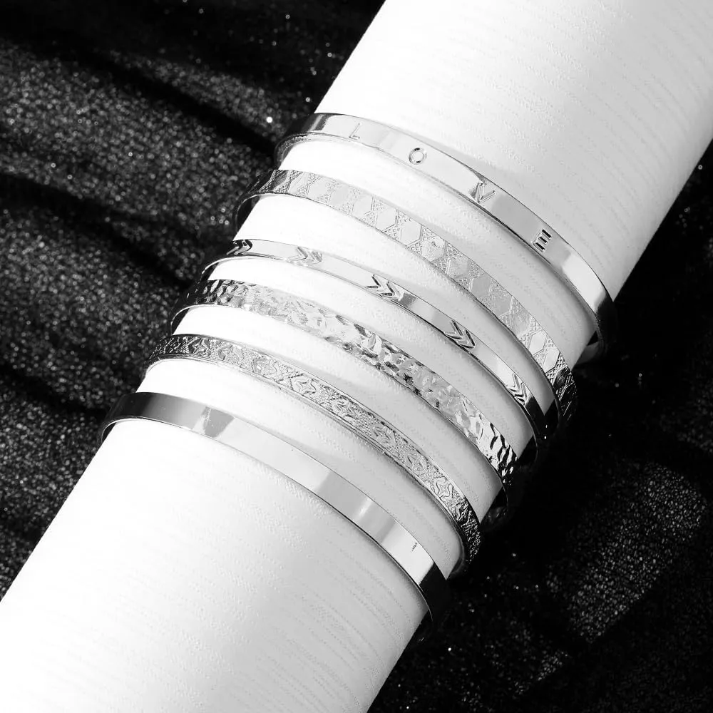 Silver Bangle Bracelets for Women, Multi Layer Stackable Cuff Bracelet Set, Trendy Elegance Charms Non Tarnish Minimalist Textured Boho Jewelry Gift for Women