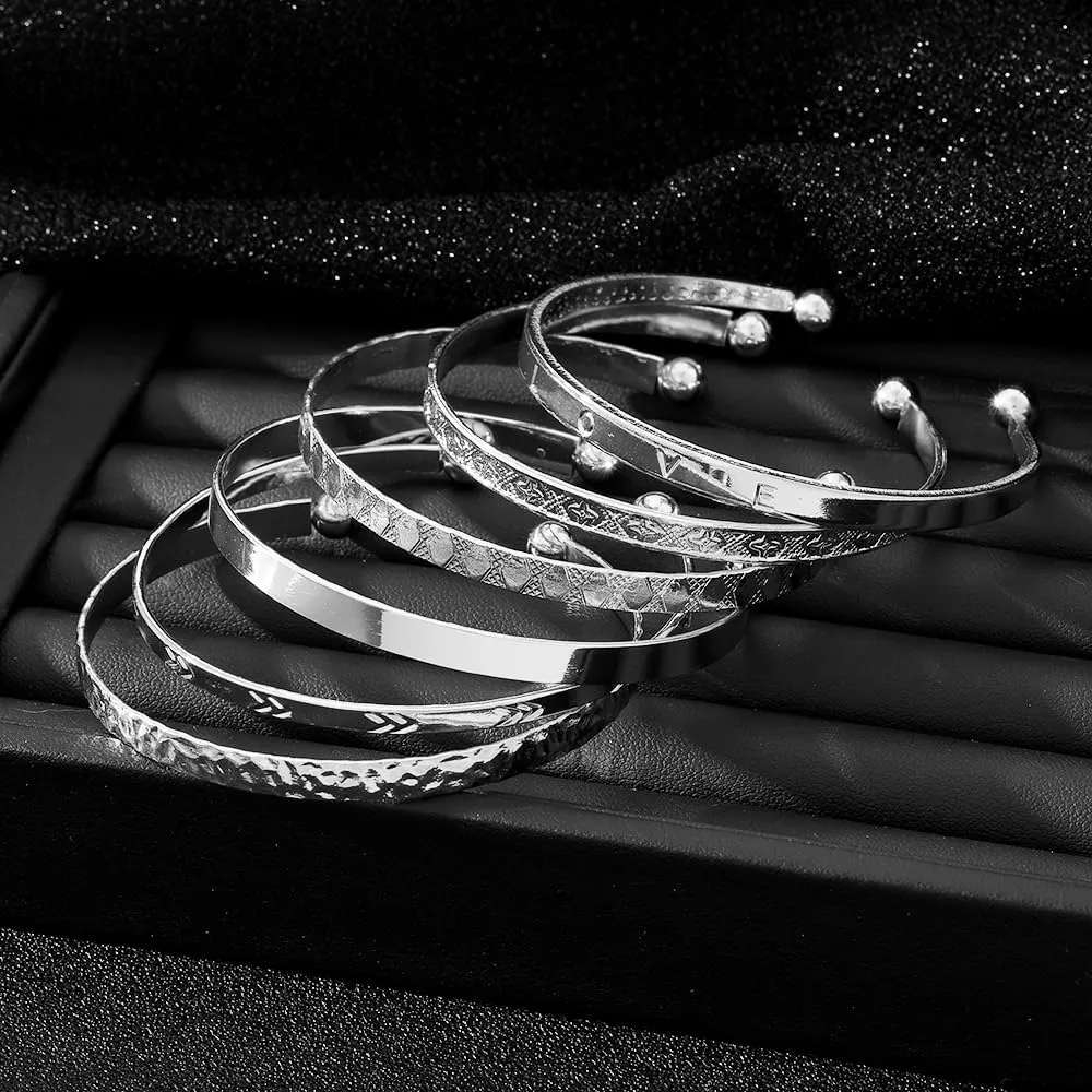 Silver Bangle Bracelets for Women, Multi Layer Stackable Cuff Bracelet Set, Trendy Elegance Charms Non Tarnish Minimalist Textured Boho Jewelry Gift for Women