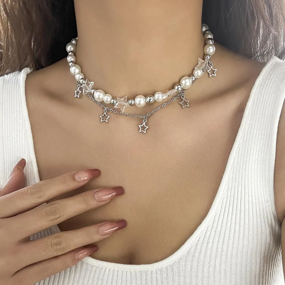 Silver Baroque Pearl Star Tassel Necklaces, Adjustable Chunky Chain Choker Necklaces, Layered Y2k Statement Jewelry Gifts for Women