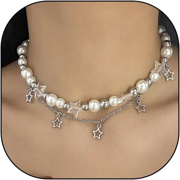 Silver Baroque Pearl Star Tassel Necklaces, Adjustable Chunky Chain Choker Necklaces, Layered Y2k Statement Jewelry Gifts for Women