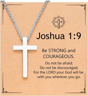 Silver Cross Necklace for Men Boys, Christian Gifts Joshua 1:9 Stainless Steel Chain Necklace 18-20 Inch