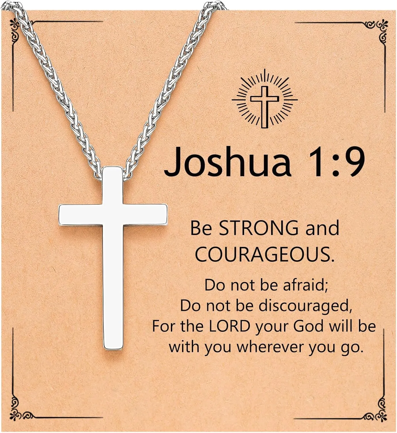Silver Cross Necklace for Men Boys, Christian Gifts Joshua 1:9 Stainless Steel Chain Necklace 18-20 Inch