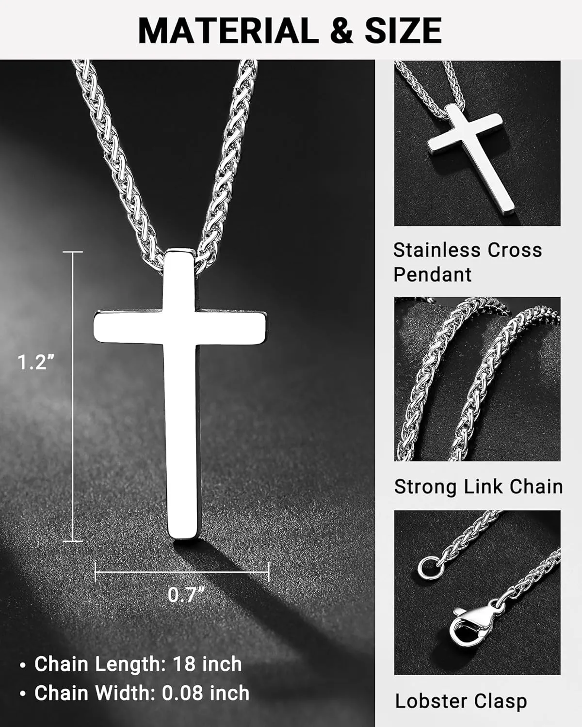 Silver Cross Necklace for Men Boys, Christian Gifts Joshua 1:9 Stainless Steel Chain Necklace 18-20 Inch