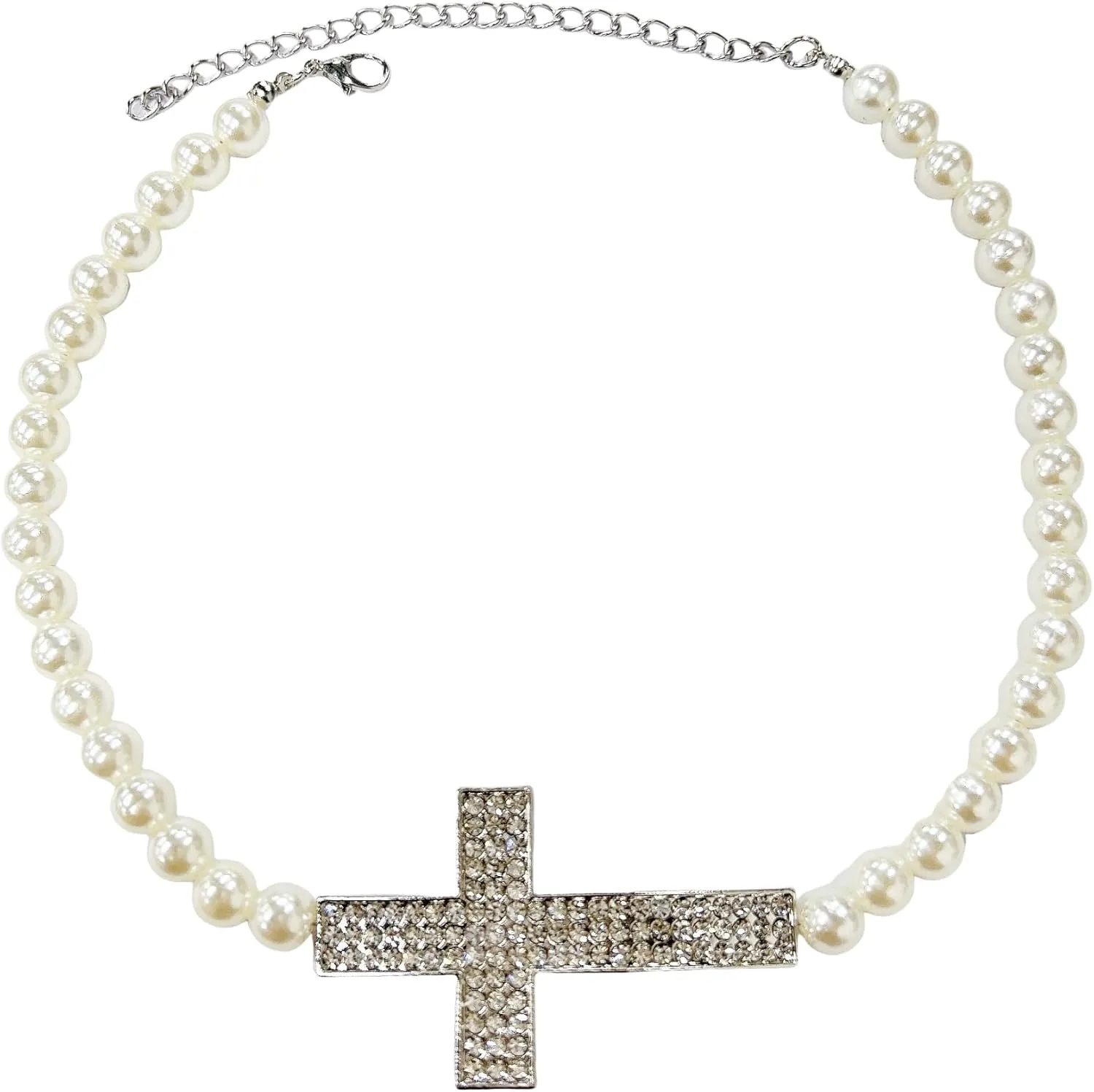 Silver Rhinestone Cross Pearl Choker Statement Necklace for Women Men Gothic Punk Crystal Crucifix Pendant Aesthetic Y2k Necklaces Hip Hop White Round Beaded Clavicle Chain 1920s Faith Costume Jewelry