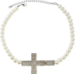 Silver Rhinestone Cross Pearl Choker Statement Necklace for Women Men Gothic Punk Crystal Crucifix Pendant Aesthetic Y2k Necklaces Hip Hop White Round Beaded Clavicle Chain 1920s Faith Costume Jewelry