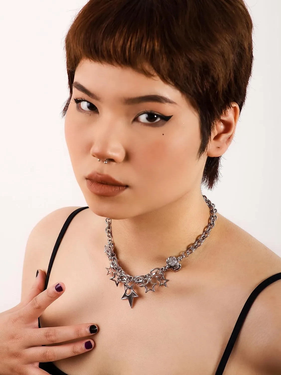 Silver Star Pendant Chunky Choker Necklace, Star Punk Y2K Rave Outfit Jewelry Accessories Necklaces for Women