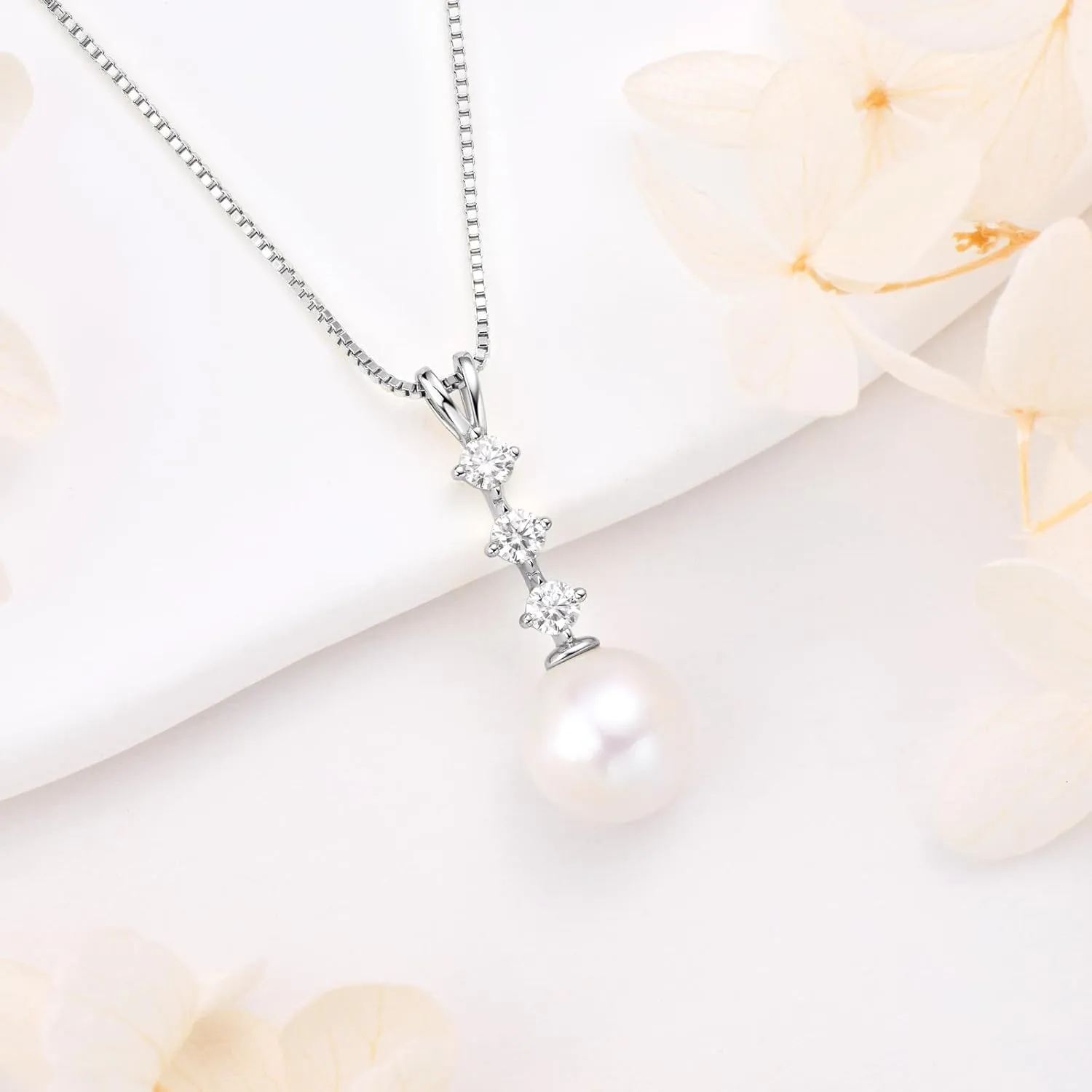 Simple Pearl Necklace for Women, 925 Sterling Silver Freshwater Cultured Single Pearl Pendant Necklaces, Anniversary Birthday Wedding Jewelry Gifts for Mom Wife Daughter