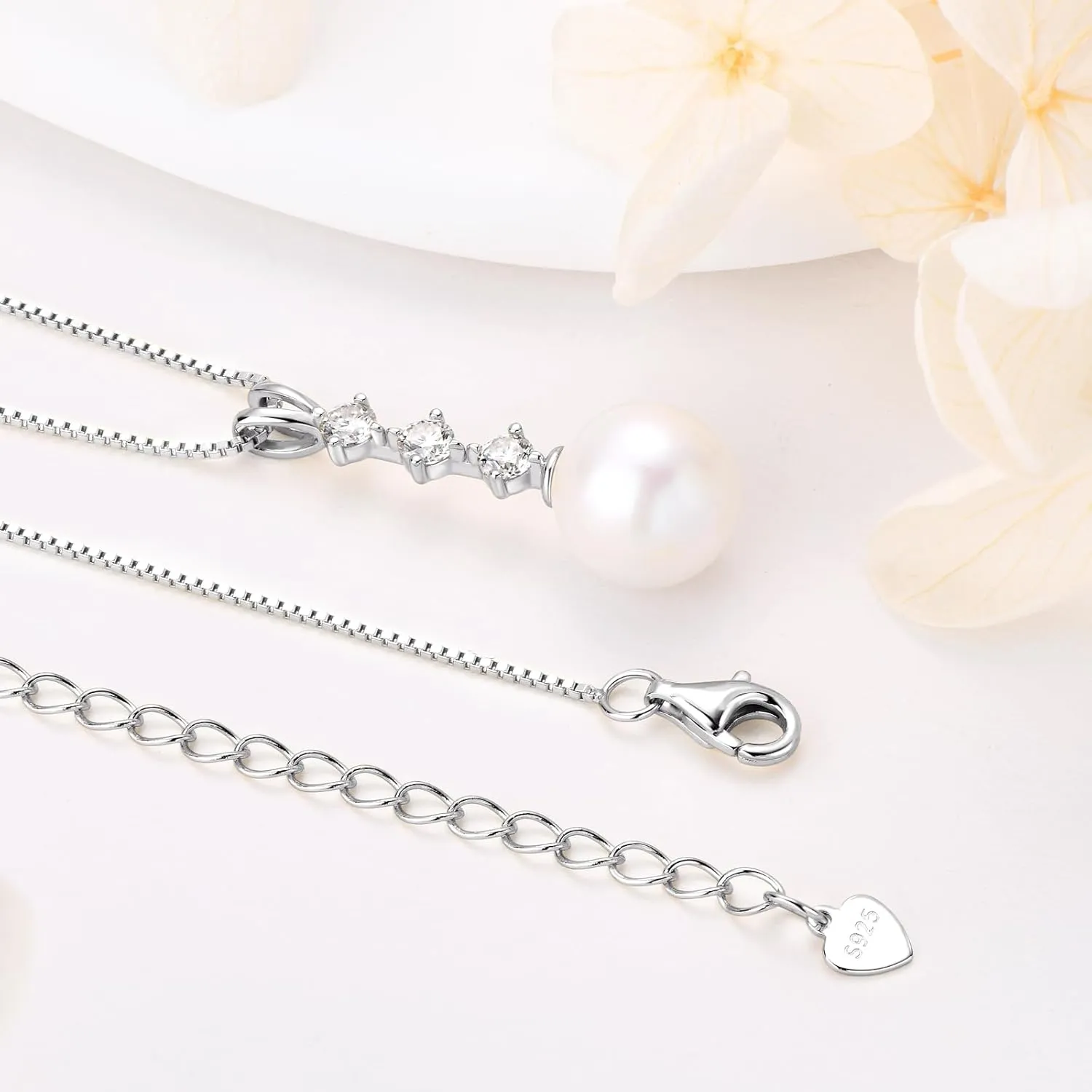Simple Pearl Necklace for Women, 925 Sterling Silver Freshwater Cultured Single Pearl Pendant Necklaces, Anniversary Birthday Wedding Jewelry Gifts for Mom Wife Daughter