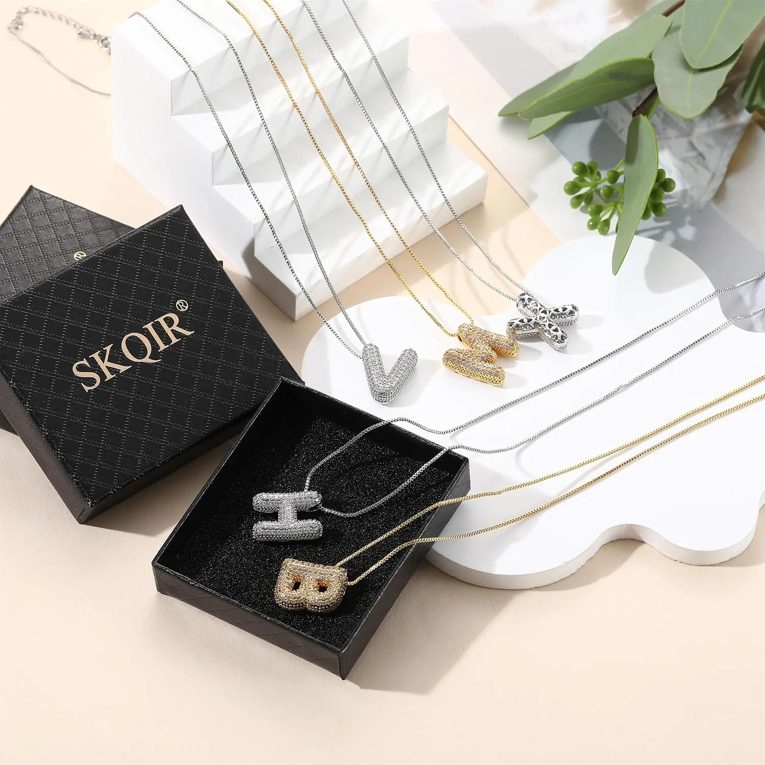 SKQIR Diamond Initial Letter Necklace for Women Bubble Gold Plated Puffy Balloon Alphabet Crystal Zircon Pendant Name Necklace Dainty Charms Trendy Jewelry Gift for Women
