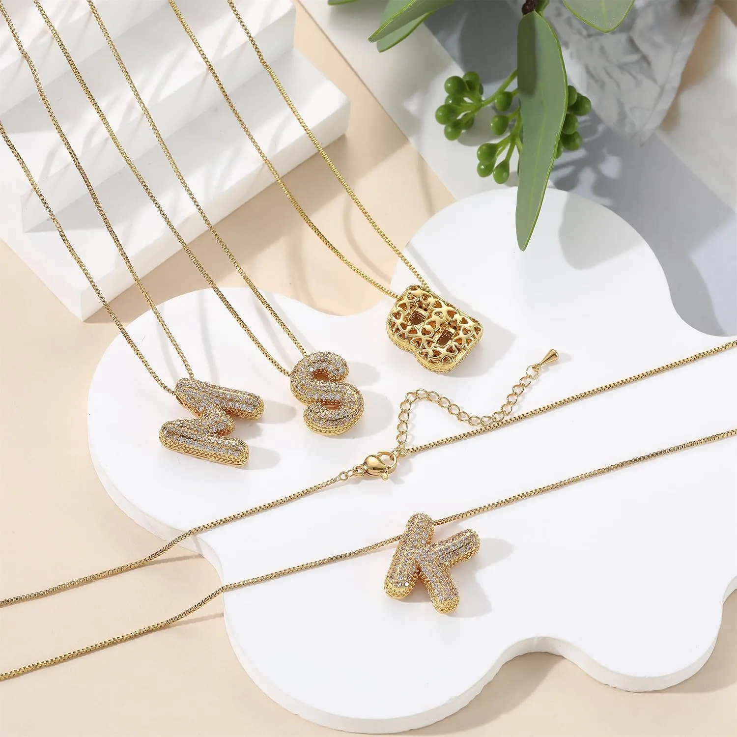 SKQIR Diamond Initial Letter Necklace for Women Bubble Gold Plated Puffy Balloon Alphabet Crystal Zircon Pendant Name Necklace Dainty Charms Trendy Jewelry Gift for Women