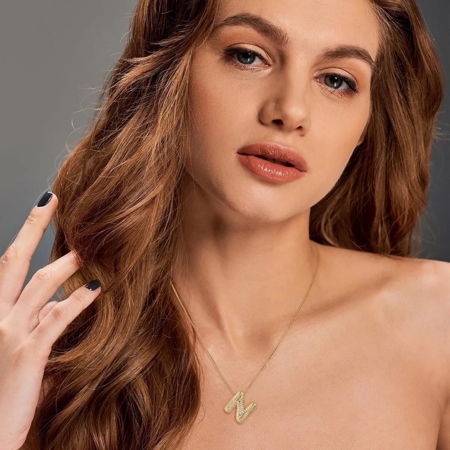 SKQIR Diamond Initial Letter Necklace for Women Bubble Gold Plated Puffy Balloon Alphabet Crystal Zircon Pendant Name Necklace Dainty Charms Trendy Jewelry Gift for Women