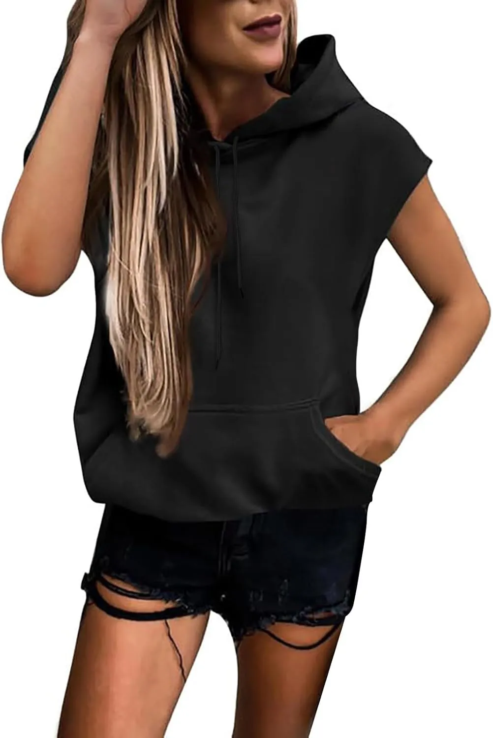 Sleeveless Vest Tops with Hood for Women Casual Loose Fit Hoodie Lightweight Drawstring Pullover Sweatshirt with Pockets
