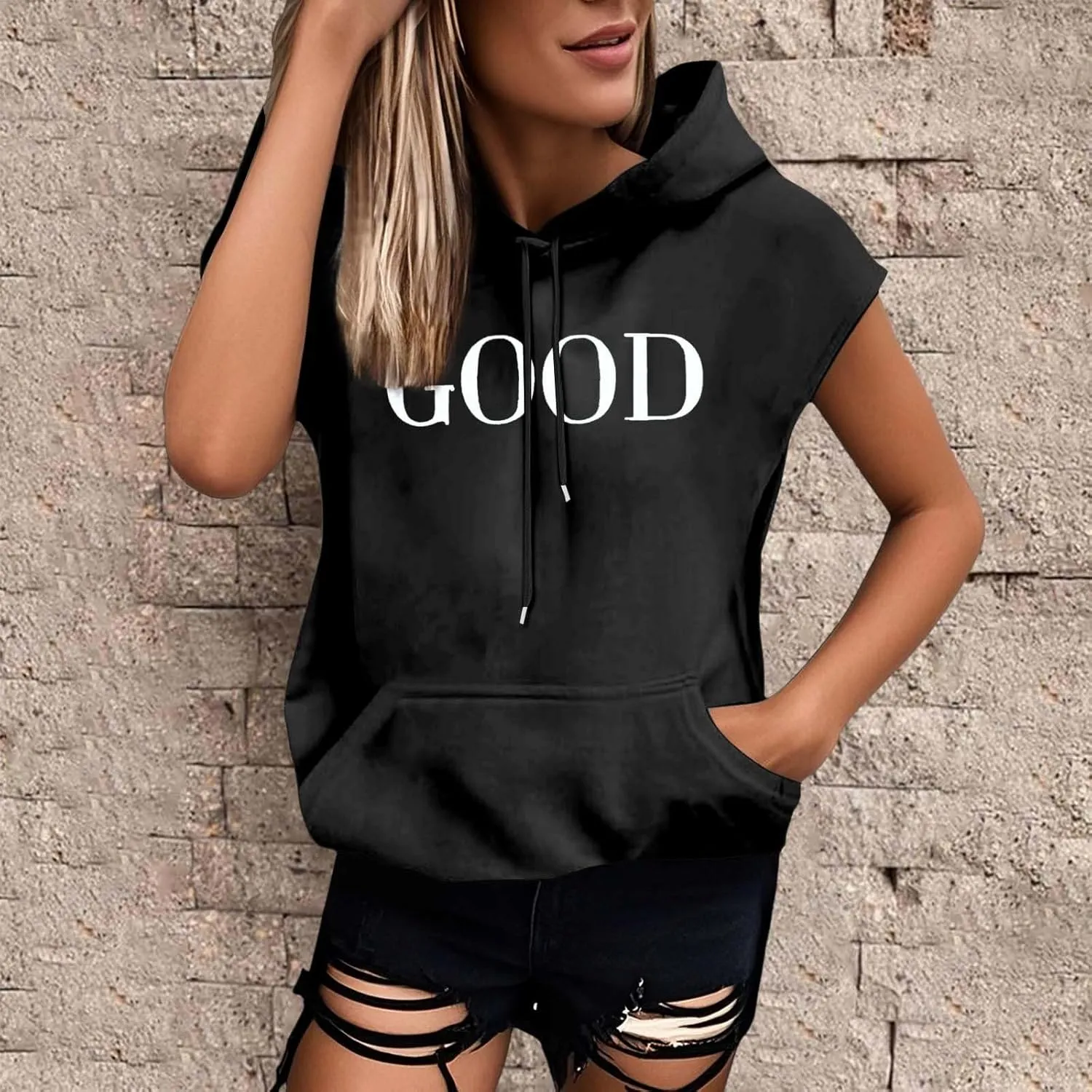 Sleeveless Vest Tops with Hood for Women Casual Loose Fit Hoodie Lightweight Drawstring Pullover Sweatshirt with Pockets
